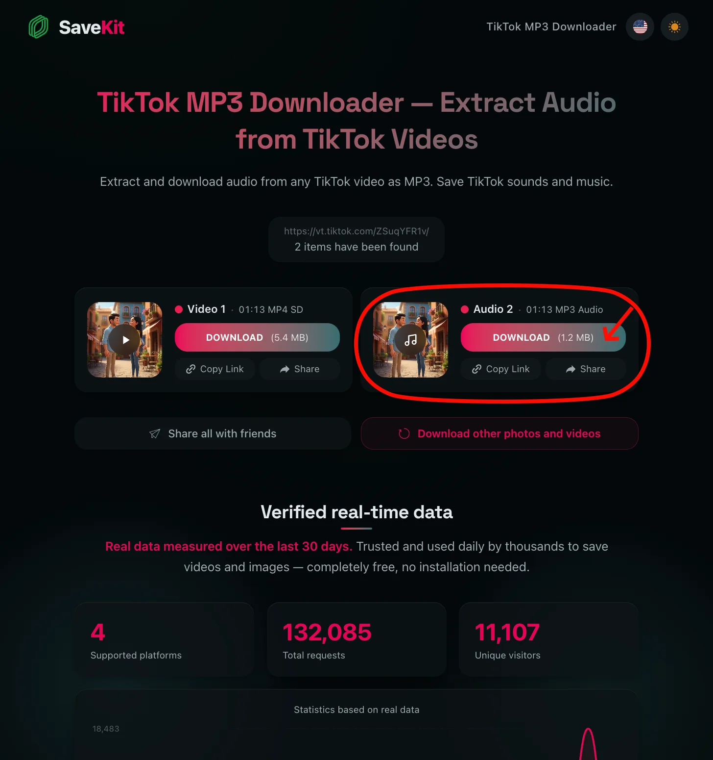 SaveKit result showing separate video and audio download cards