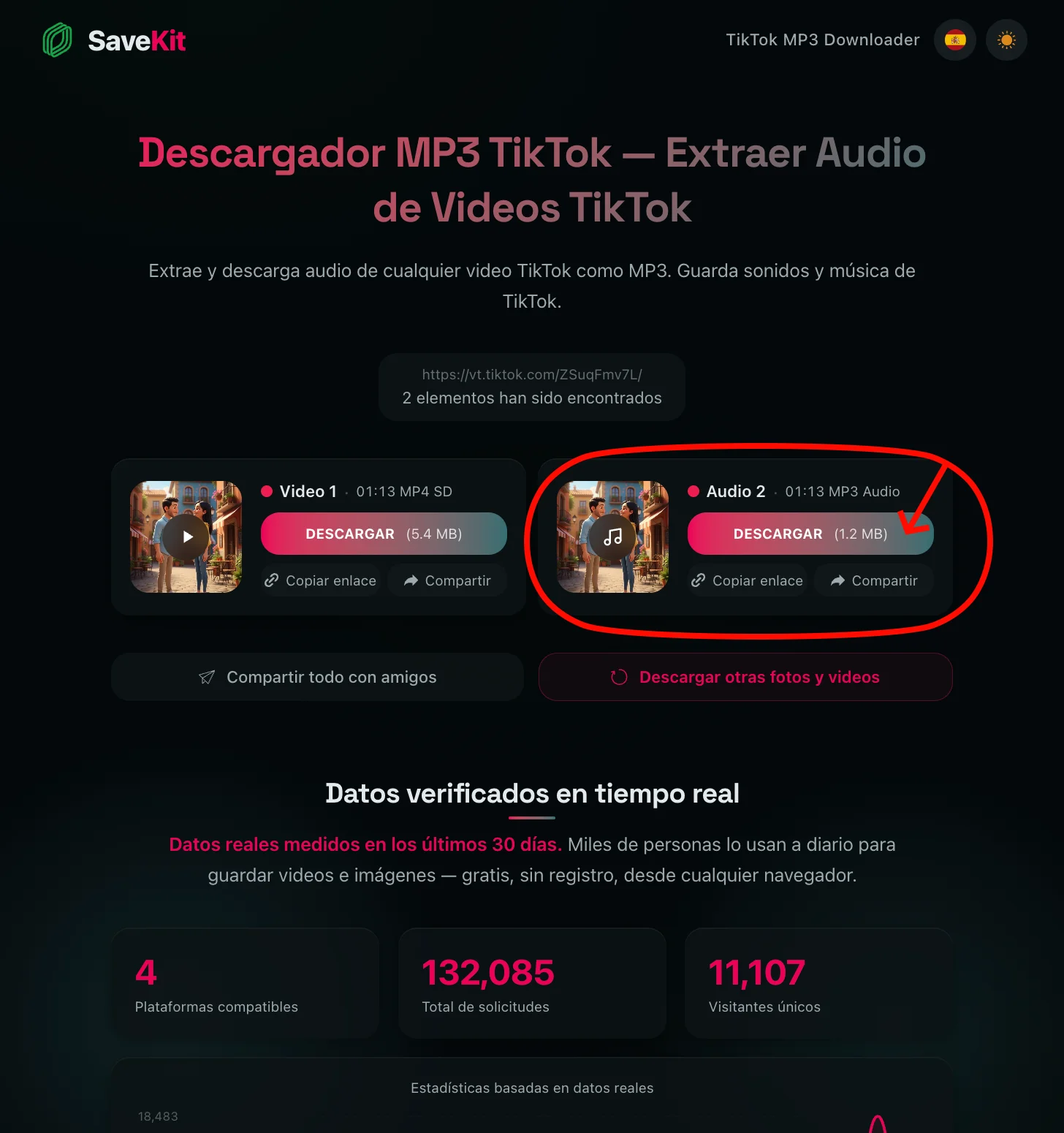 Resultado de SaveKit con tarjetas separadas para video y audio